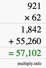 How to calculate 921 times 62 using long multiplication