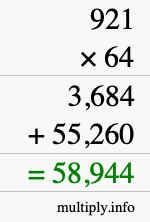 How to calculate 921 times 64 using long multiplication