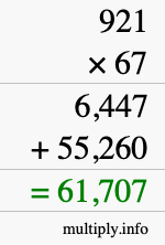 How to calculate 921 times 67 using long multiplication