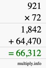 How to calculate 921 times 72 using long multiplication