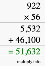 How to calculate 922 times 56 using long multiplication