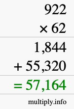How to calculate 922 times 62 using long multiplication