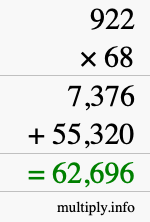 How to calculate 922 times 68 using long multiplication