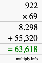 How to calculate 922 times 69 using long multiplication
