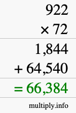 How to calculate 922 times 72 using long multiplication