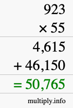 How to calculate 923 times 55 using long multiplication