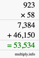 How to calculate 923 times 58 using long multiplication