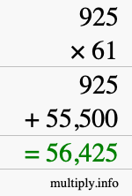 How to calculate 925 times 61 using long multiplication
