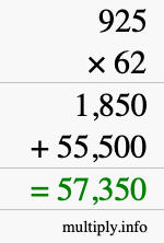 How to calculate 925 times 62 using long multiplication