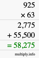 How to calculate 925 times 63 using long multiplication