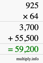 How to calculate 925 times 64 using long multiplication
