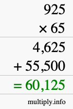 How to calculate 925 times 65 using long multiplication How to calculate 925 times 65 using long multiplication