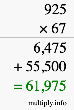 How to calculate 925 times 67 using long multiplication