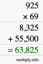How to calculate 925 times 69 using long multiplication