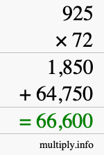 How to calculate 925 times 72 using long multiplication