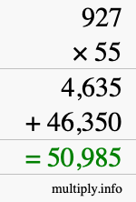 How to calculate 927 times 55 using long multiplication