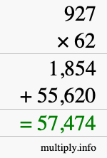 How to calculate 927 times 62 using long multiplication