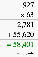How to calculate 927 times 63 using long multiplication