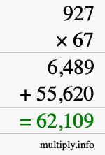 How to calculate 927 times 67 using long multiplication