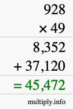 How to calculate 928 times 49 using long multiplication