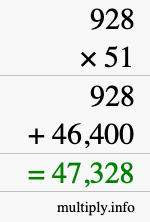 How to calculate 928 times 51 using long multiplication