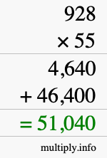 How to calculate 928 times 55 using long multiplication