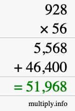 How to calculate 928 times 56 using long multiplication