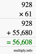 How to calculate 928 times 61 using long multiplication