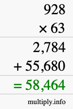 How to calculate 928 times 63 using long multiplication