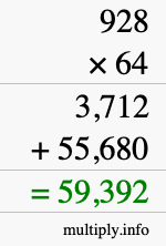 How to calculate 928 times 64 using long multiplication