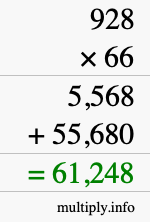 How to calculate 928 times 66 using long multiplication