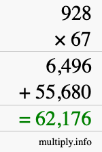 How to calculate 928 times 67 using long multiplication