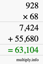 How to calculate 928 times 68 using long multiplication