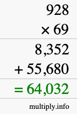 How to calculate 928 times 69 using long multiplication