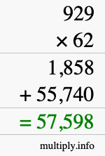 How to calculate 929 times 62 using long multiplication
