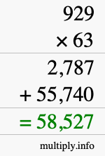 How to calculate 929 times 63 using long multiplication