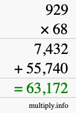How to calculate 929 times 68 using long multiplication