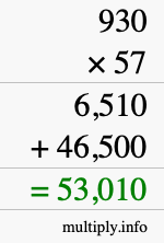 How to calculate 930 times 57 using long multiplication