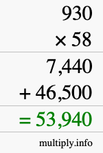 How to calculate 930 times 58 using long multiplication