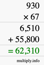 How to calculate 930 times 67 using long multiplication
