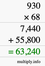 How to calculate 930 times 68 using long multiplication