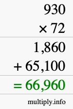 How to calculate 930 times 72 using long multiplication