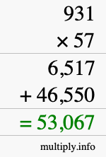 How to calculate 931 times 57 using long multiplication