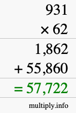 How to calculate 931 times 62 using long multiplication