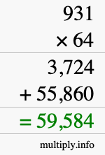 How to calculate 931 times 64 using long multiplication
