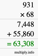 How to calculate 931 times 68 using long multiplication