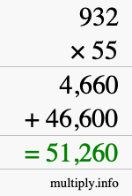 How to calculate 932 times 55 using long multiplication