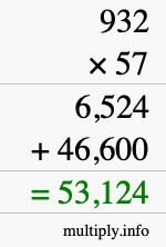 How to calculate 932 times 57 using long multiplication