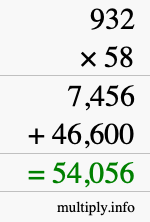 How to calculate 932 times 58 using long multiplication