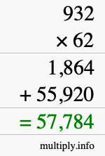 How to calculate 932 times 62 using long multiplication